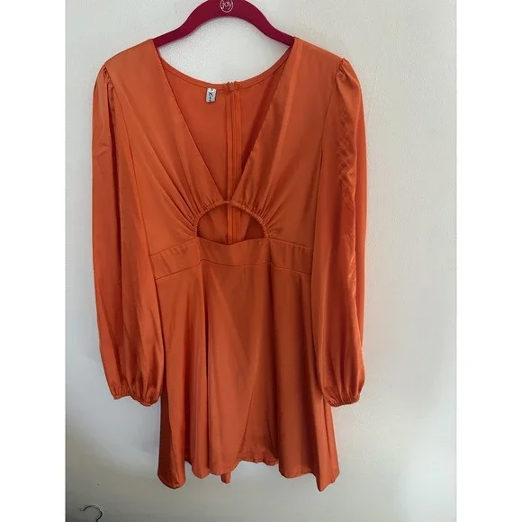 Orange Satin Cutout V-Neck Balloon Sleeve Mini Dress Small Cocktail y2k style - Picture 2 of 9